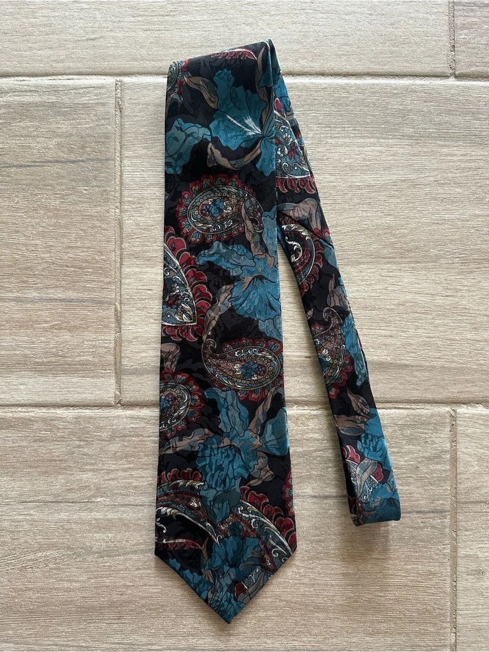 Bugatti Teal, Black and Burgundy Paisley Floral Silk Tie